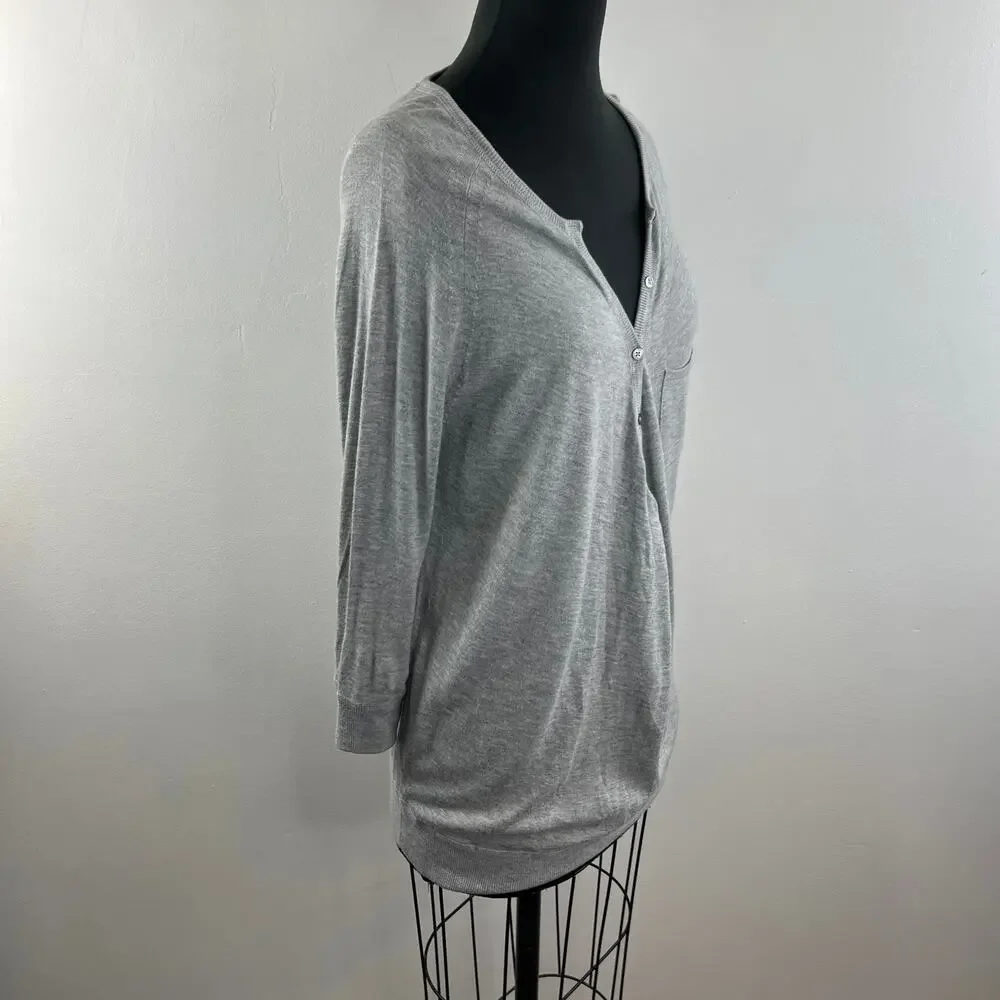 VINCE Gray Cashmere Blend Partial Button-Down 3/4 Sleeve Pullover Sweater Sz M
